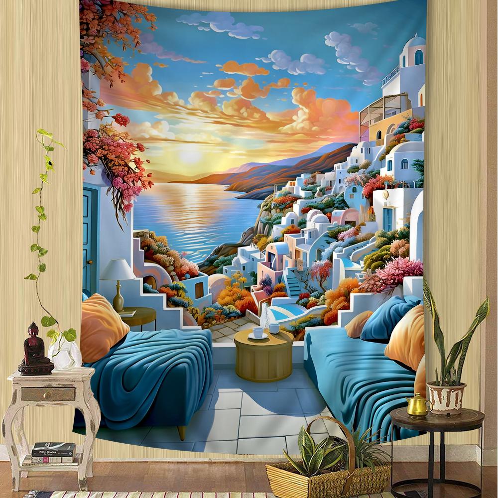 Landscape Nordic Barcelona Santorini Positano Colorful Tapestry Wall Hanging Hanging Tarot Hippie Wall Rugs Dorm Wall Art Decor