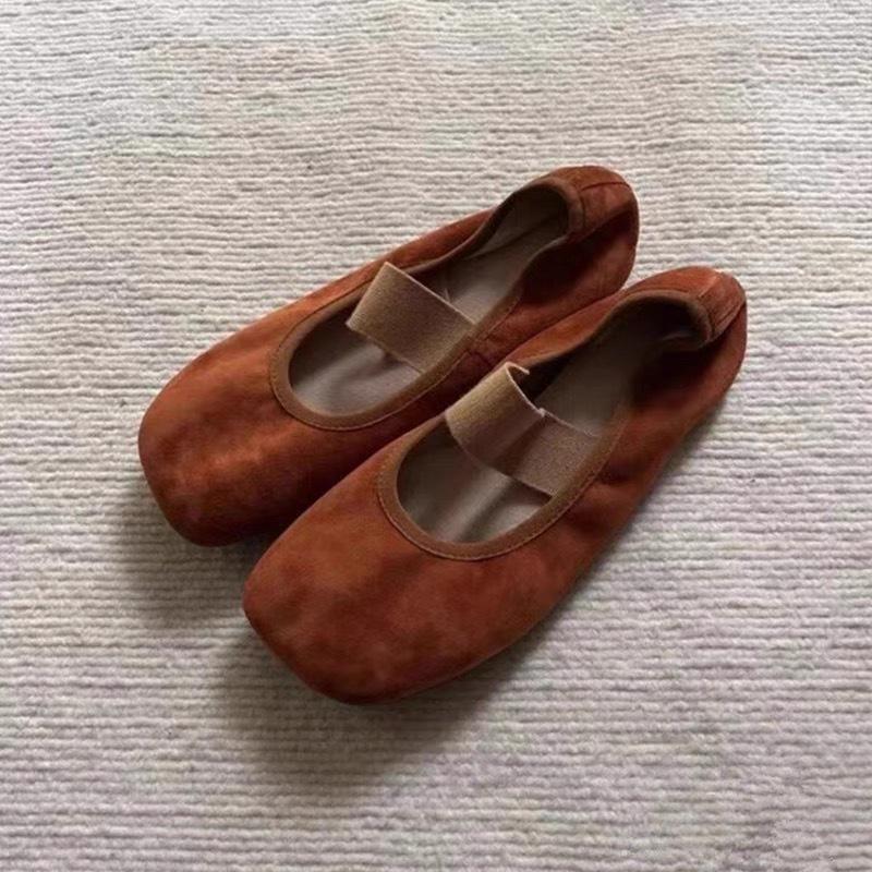 Leather retro niche suede square head shallow mouth comfortable flat ballet shoes with Mary Jane single shoes women's shoes