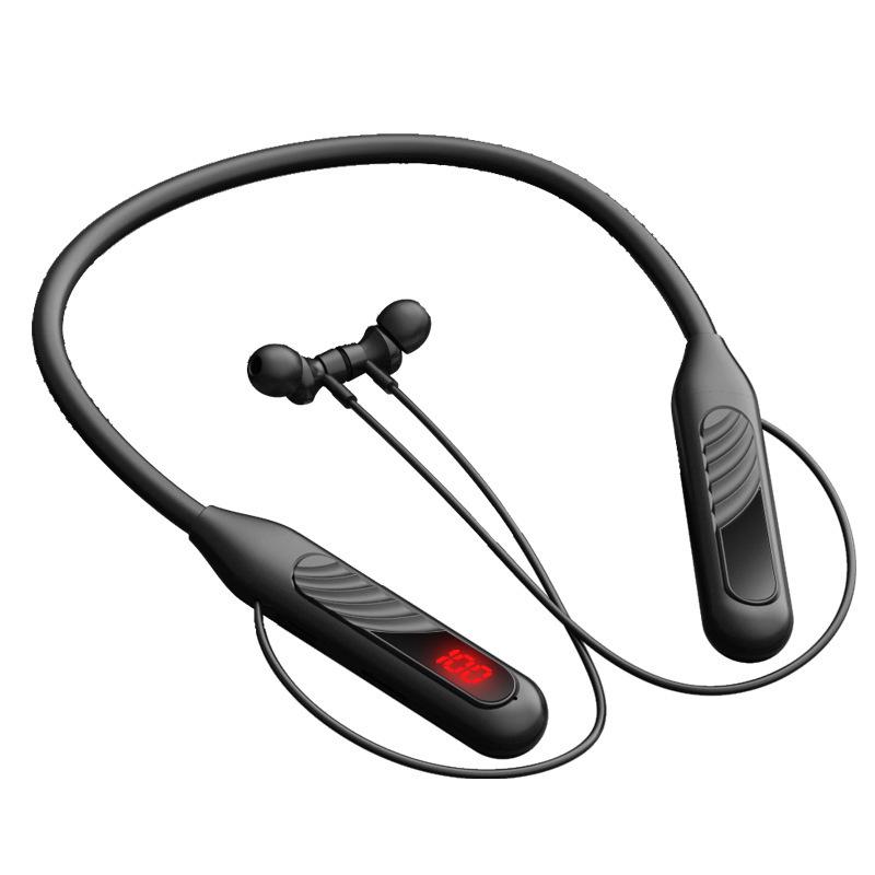 BT-8 Wireless Bluetooth Sports Neckband Headphones with Card Slot, Large Battery, Digital Display, and Noise Cancelling Feature.