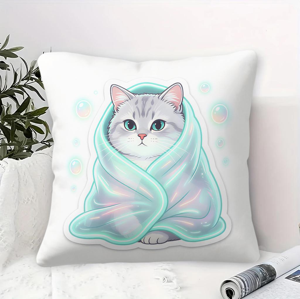 Kawaii Cat Print Throw Pillow With Pillow Inserts Cute Kitty Wrapped In Blanket Cushions Fashion Sofa Bed Decor Gift Christmas