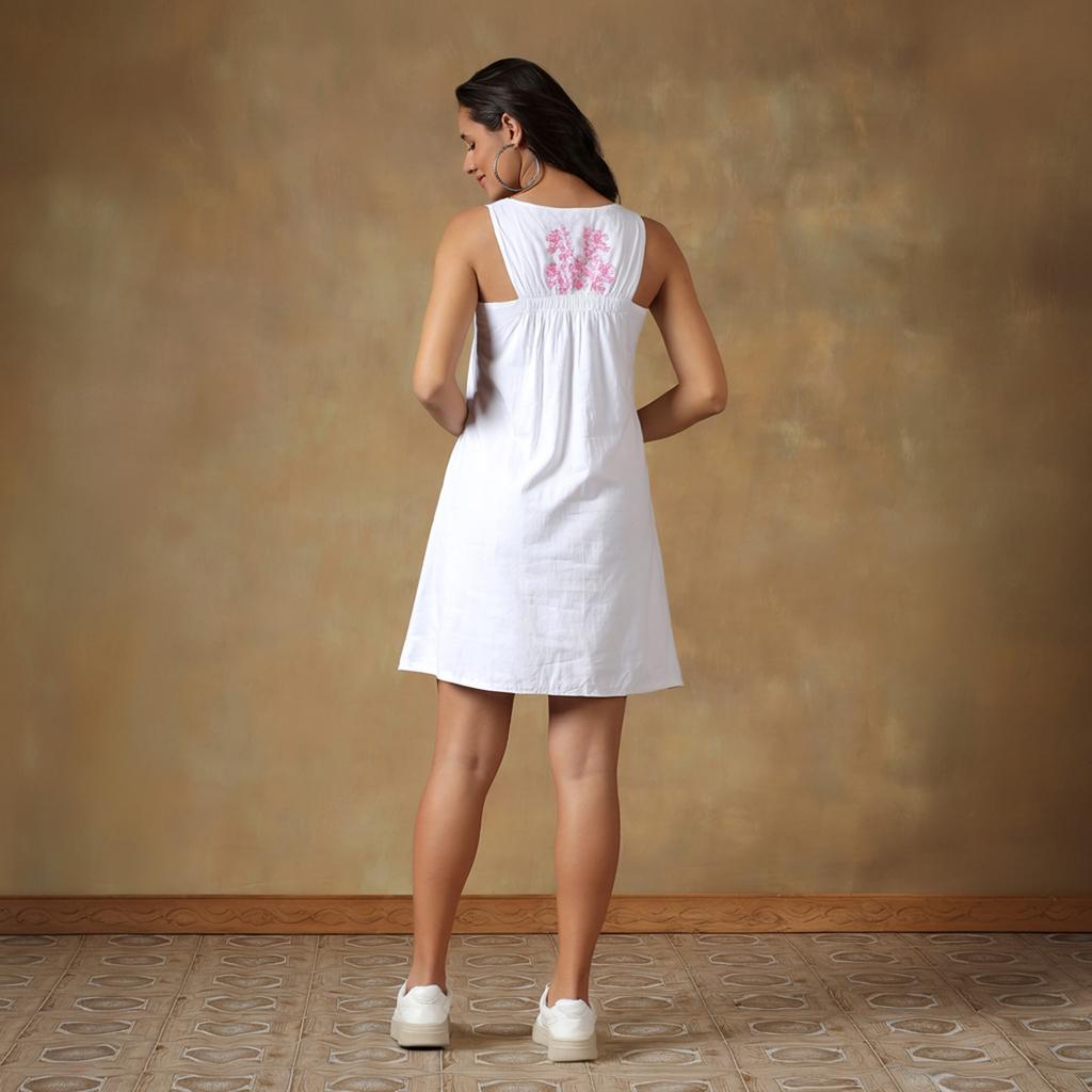 White Cotton Sleeveless Mini Dress | Loose Relaxed Fit Casual Dress, Resort Holiday & Beach Cover Up, Handmade