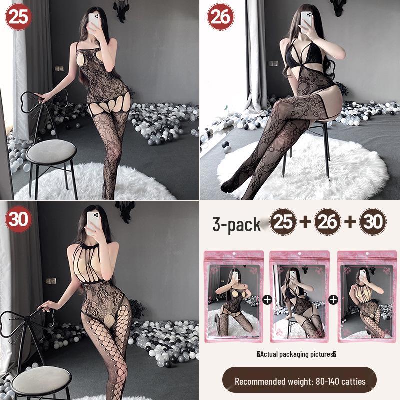 Transparenter Cut-Out Bodysuit mit Strümpfen mit offenem Schritt - Sexy Dessous-Set