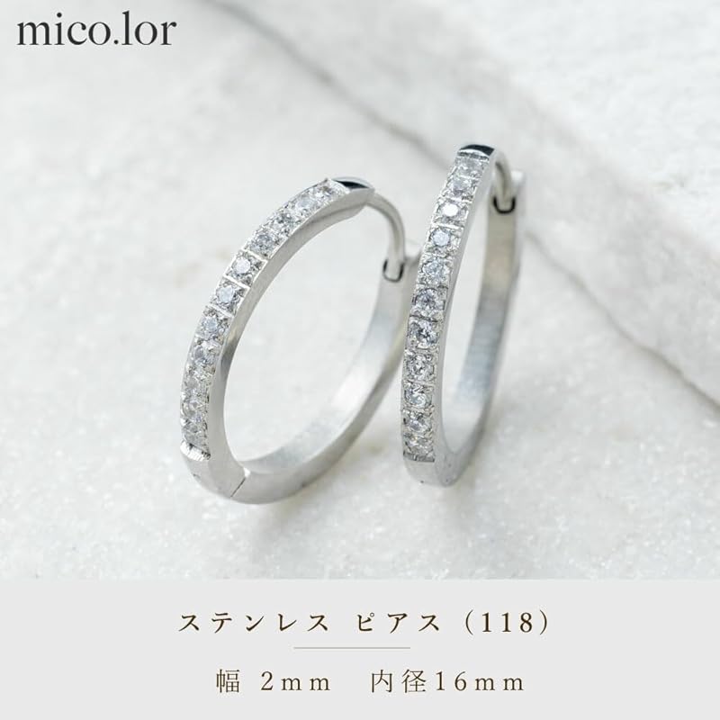 [mico.lor] Stainless Earrings (118) Inner Diameter 16mm Hoop Earrings Zirconia Smaller Ladies Surgical Stainless Steel 316L Compatible with Metal