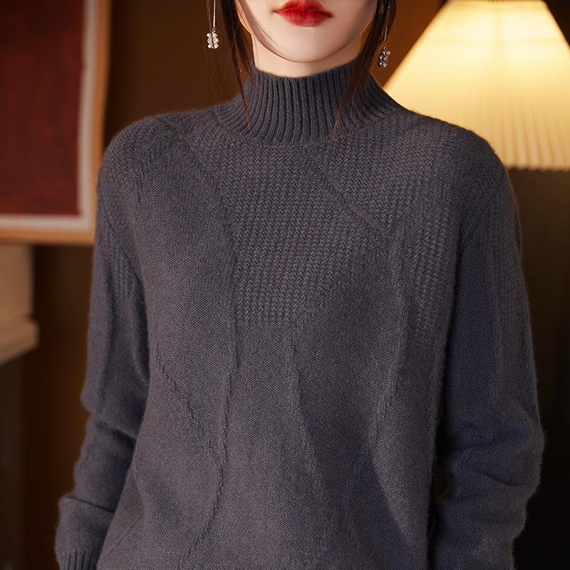 Women's Autumn/Winter Wool Pullover Sweater - Half-High Collar, Irregular Lines, Casual, Thickened Base Layer