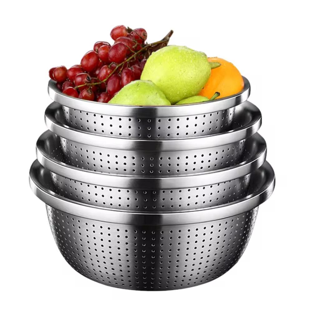 Round Stainless Steel Drain Basket Multiple Drainage Holes Drain Basin Rice Washing Basket  Fruits