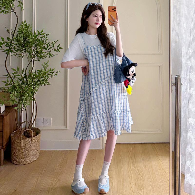 2026 Summer Korean-Style Blue Plaid Maternity Two-Piece Set L