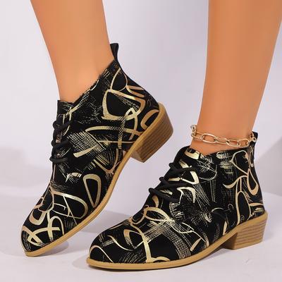 Mode Modische gestreifte Graffiti-Stiefeletten für Damen 2024 Neue Schnürstiefeletten mit Blockabsatz Frau Herbst Winter Print Botas Muejr