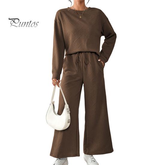 2 Pcs/Set Women Top Pants Suit Round Neck Long Sleeves Textured Solid Color Sweatshirt Elastic Waist Wide Leg Trousers Daily Wear Sport Outfit Fall