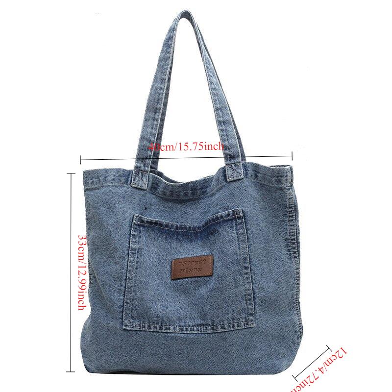 Stylish Light Blue Denim Tote Bag for Women Large Capacity, Zipper Closure, Casual Shoulder Handbag with Multiple Compartments