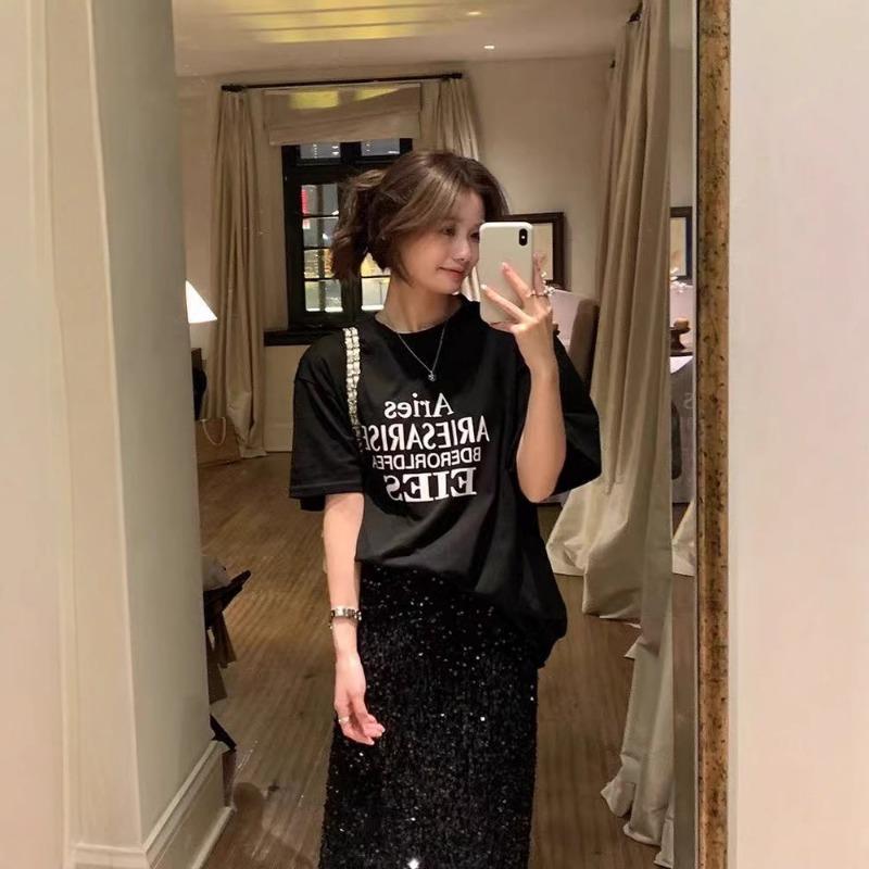 Women's Retro and Laid-back Round-neck Letter Short-sleeved T-shirt Summer Loose and Casual Printed Top