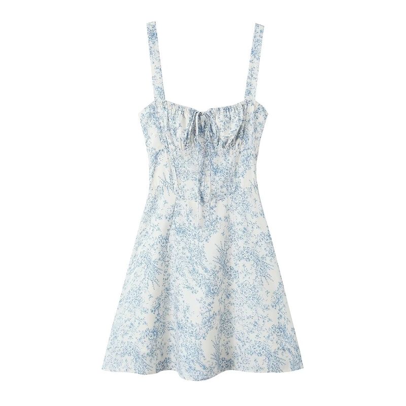 Kaslead New Arrival Women's Fashion Style Fashion French Drawstring Waist Blue and White Porcelain Printed Short Suspender Skirt