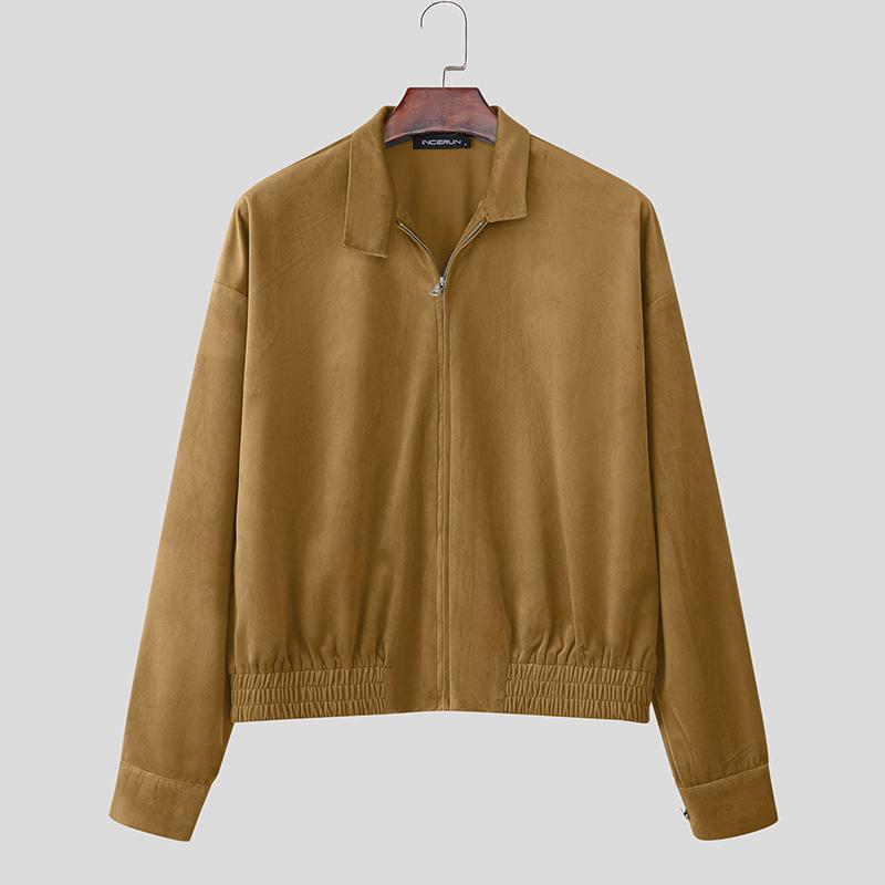 INCERUN Men Lapel Neck Long Sleeve Zip-up Suede Oversized Jackets Coats