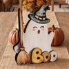 Small Ghost Statues for Shelves Halloween Table Ornament, 2D Wooden Figurine with Cute Tiered Tray Decor Pumpkin/Black Cat/Broom Home Office