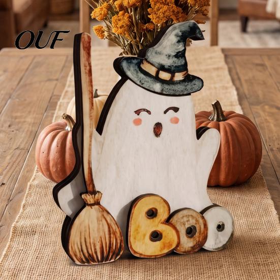 Small Ghost Statues for Shelves Halloween Table Ornament, 2D Wooden Figurine with Cute Tiered Tray Decor Pumpkin/Black Cat/Broom Home Office