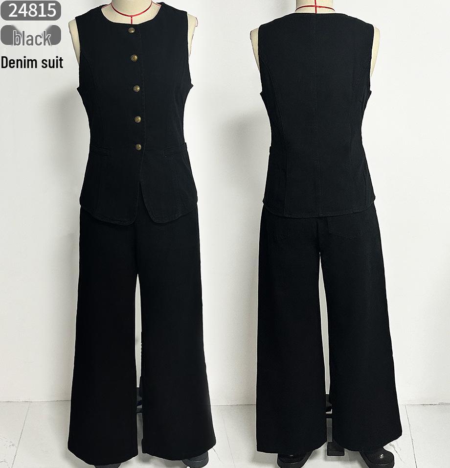2026 Trendy Sleeveless Denim Jumpsuit Set: European & American Style Wide-Leg Two-Piece for Women