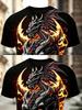 Men's 3D Fire Dragon & Skull Print T-Shirt, Gothic Flame Graphic Short Sleeve Casual Streetwear