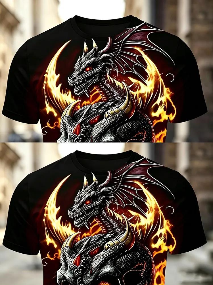 Men's 3D Fire Dragon & Skull Print T-Shirt, Gothic Flame Graphic Short Sleeve Casual Streetwear