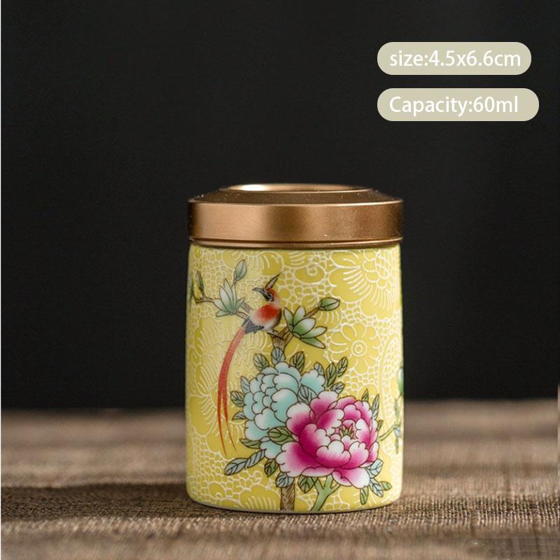 Chinese Enamel Color Flower and Bird Tea Caddy Ceramic Tea Jar Sealed Container Travel Tea Box Coffee Candy Storage Tank Teaware
