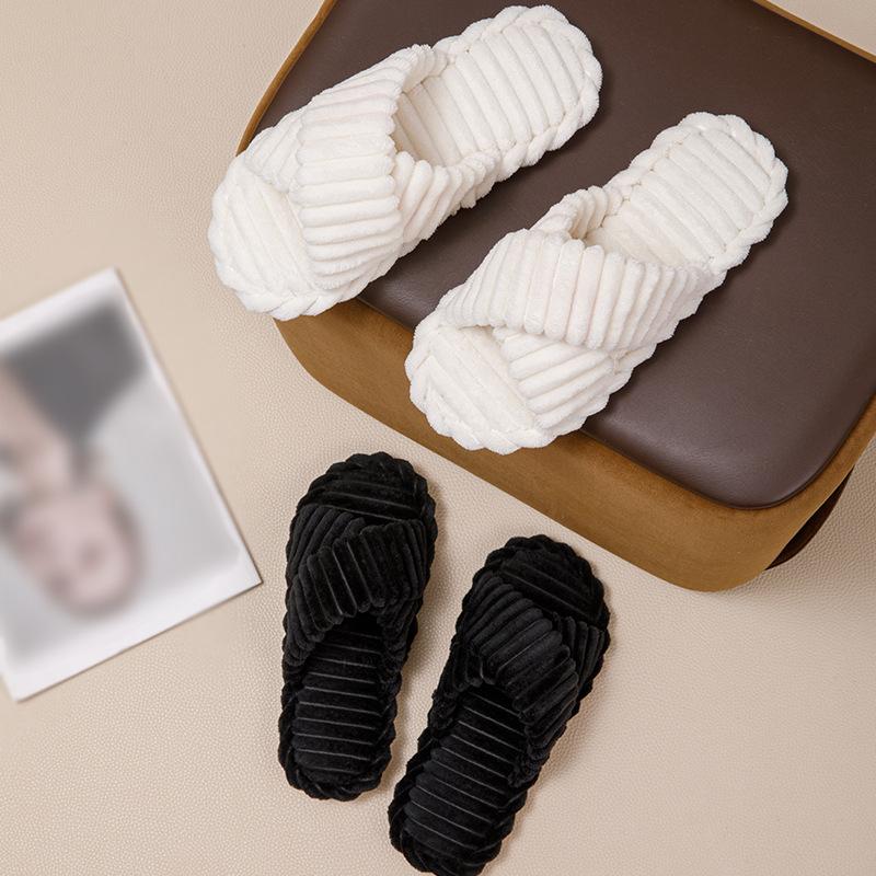 Striped Open ** Fork with Cotton Slippers Fluffy Slippers Comfortable and Simple Home Plush Slippers