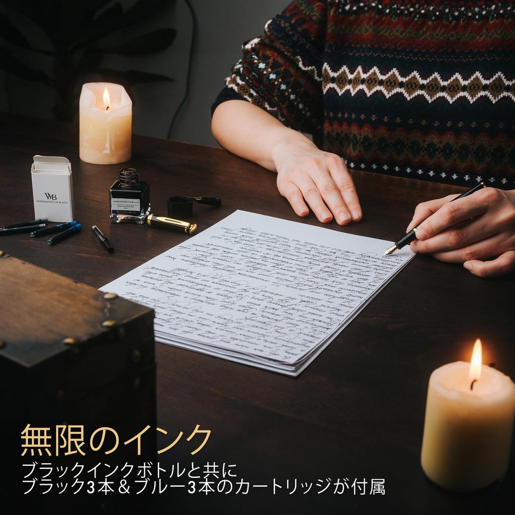 Wordsworth Black Fountain Pen Set with 18K Gold Medium and Extra Fine 25ML Black Ink 6 Ink Ink Refill Gift Pen Gift for Men and Women & Nibs, Bottle,