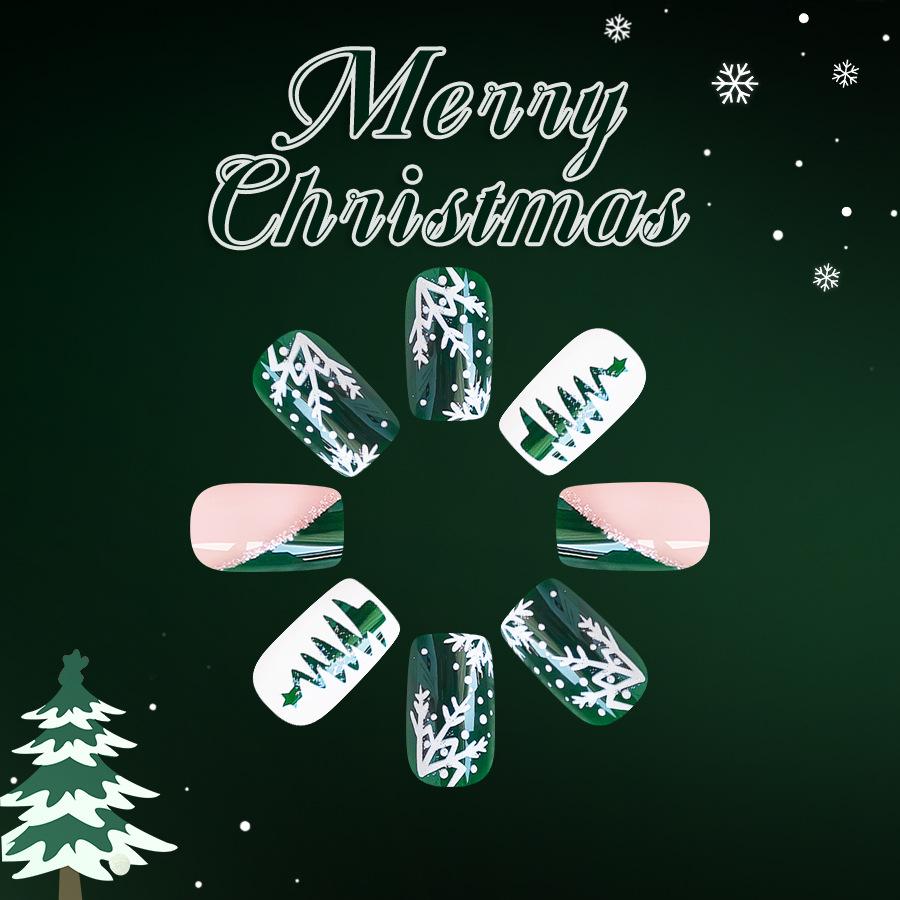 24 Stück Kurze Quadratische Glänzende Press-On Nägel 2026 Weihnachtsbaum Schneeflocke Französisch Glitzer Dunkelgrün Falsche Nägel für Damen