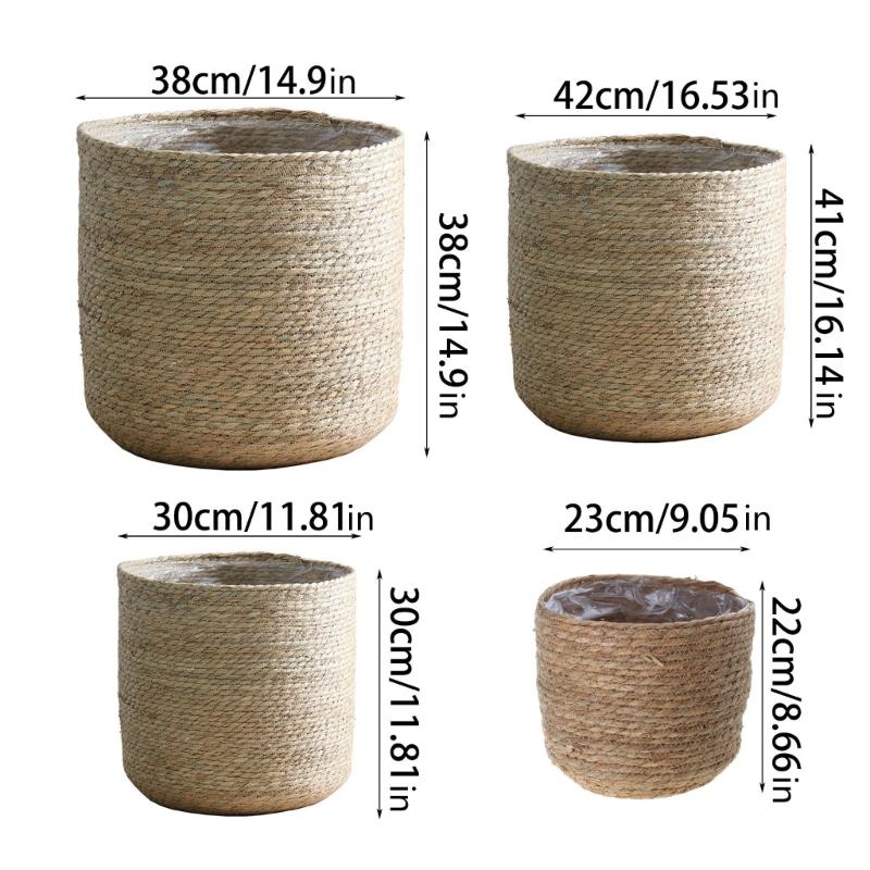 Planter Basket Hand Woven Plant Flower Pots Cover with Plastic Liner Plant Pot Storage Basket Farmhouse Plant Pot