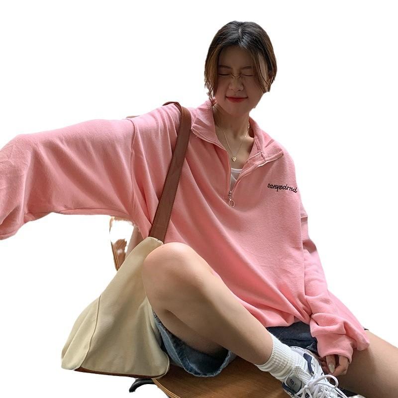 Fleece oversize loose medium and long stand-up neck sweater women's clothing autumn and winter warm zipper long-sleeved jacket top tide