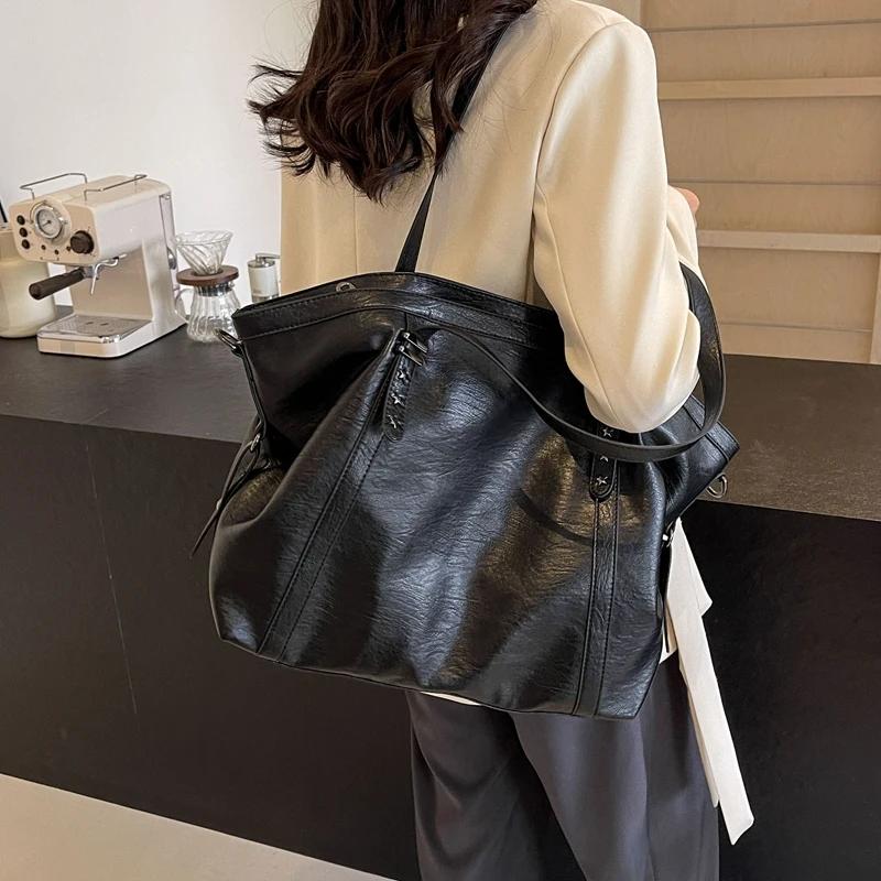 Fashion Large Capacity Women's Tote Bag Retro Solid Color Soft Leather Women Shoulder Crossbody Bag Luxury Travel Female Handbag
