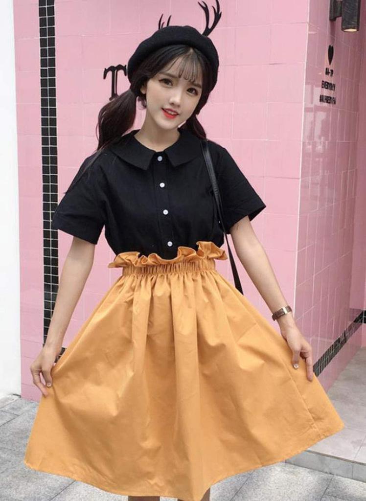 Summer Loose Solid Girly Dress [PIITE] Women's Dress, Cute, Fit, V-Neck, Color, Skirt, Sweet,