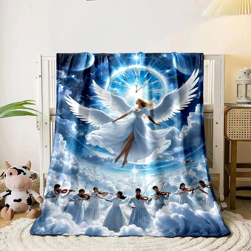 Angel Clock Violin Print Blanket  Printed Blanket for Living Room Bed Couch lunch break Soft Cozy Blanket for Friend's festival Gift