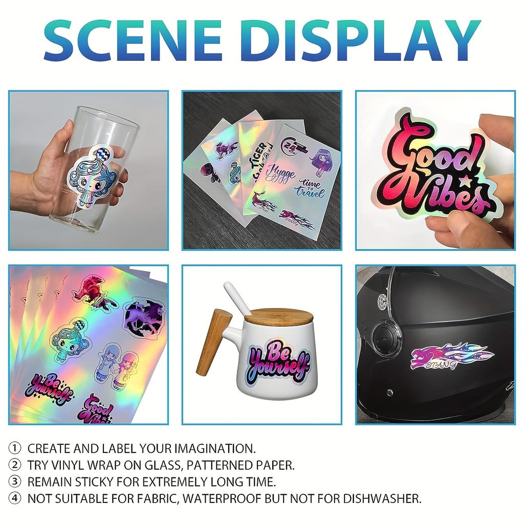 10 Sheets of Rainbow Holographic Vinyl Sticker Paper - Waterproof, Glossy, Quick-Drying, Compatible with Inkjet & Laser Printer