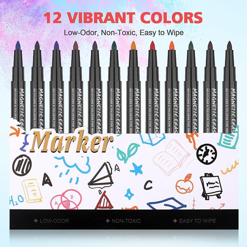 Fine Tip Magnetic Dry Erase Markers 12 Count Colorful Fine Point 2mm Whiteboard Markers with Erasers Cap for School Office