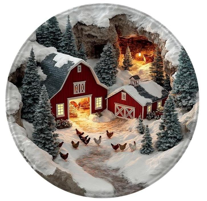 3D Schneebedeckte Farm Runder Teppich Rote Scheune Kiefern Schneebedeckter Boden Höhlendesign Matte Winter Landhaus Innen Heimdekor Teppich für Wohnzimmer