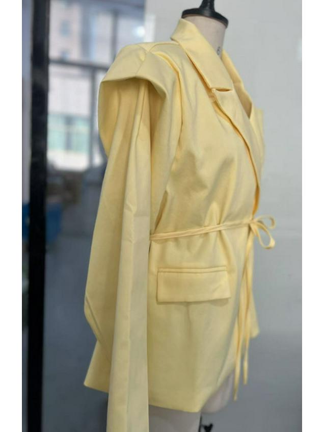 Women's Tie-Waist Padded Shoulder Suit Jacket - European & American Style, Elegant Commuter Blazer