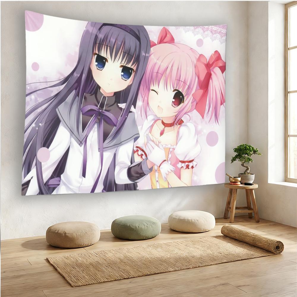 Puella Magi Madoka Magica Tapestry, Madoka & Homura Anime Wall Hanging, Kawaii Magical Girl Room Decor, Dorm Banner, Flat Print