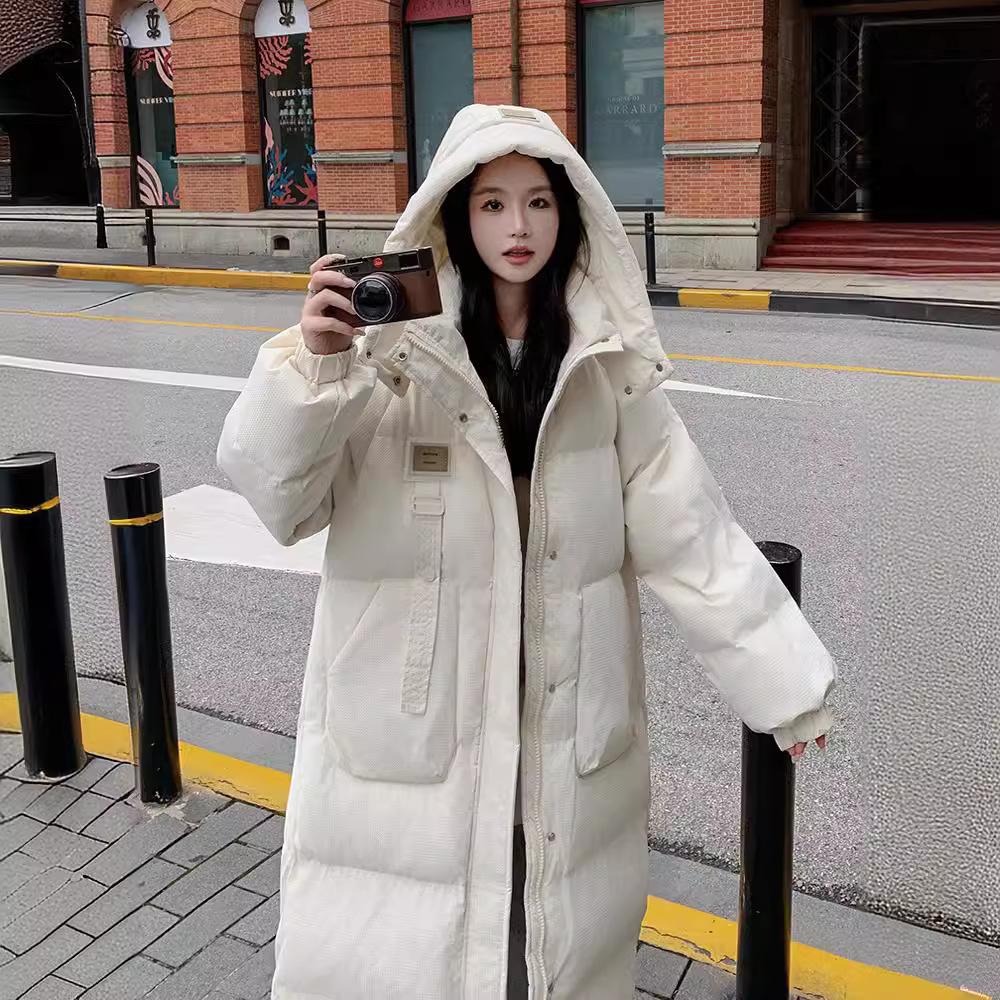 Zimní péřová bunda pro ženy, středně dlouhá nový styl, zateplený kabát ke kolenům, bavlněná bunda s kapucí