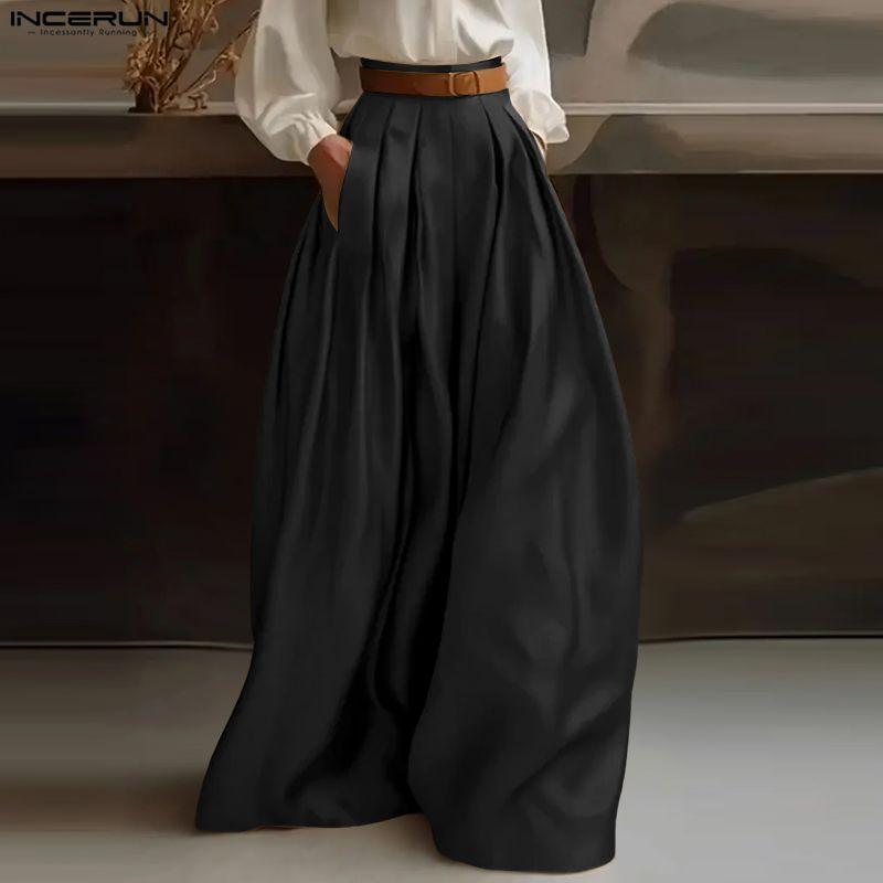 INCERUN Men Casual Elastic High Waist Long Wide Legs Pants Culottes Trousers