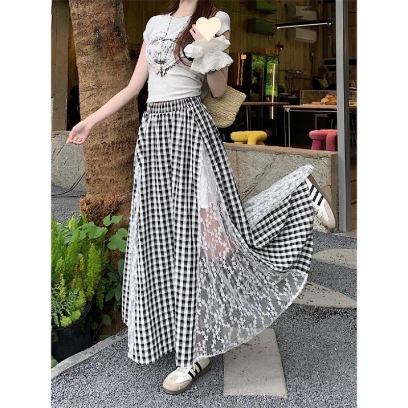 

Lace lace design skirt large size meat covering dopamine blue plaid mid-length skirt A-shaped skirt women 2XL