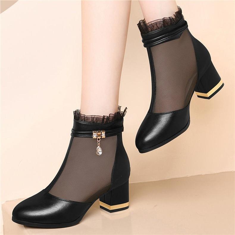 Mesh Women's Shoes Medium Heel Shoes Women's Thick Heel Short Tube Women's Boots Women's Shoes Spring and Autumn New Black Shoes Women's Shoes Women