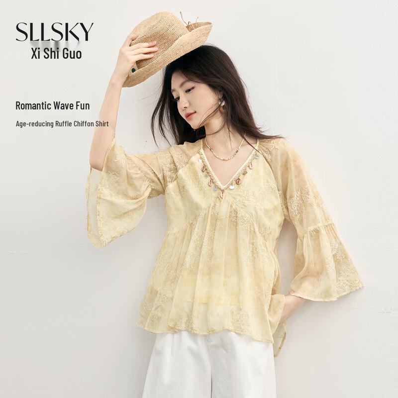 Women s French Ruffle Chiffon V-Neck Top 2XL