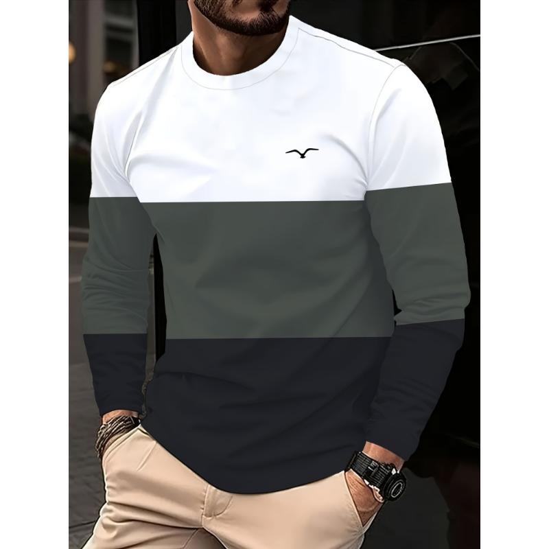 2026 Neues Herren Freizeit Langarm Gestreiftes und Adler-Emblem Atmungsaktives Rundhals Langarm T-Shirt Multifunktionale Kleidung 2XL