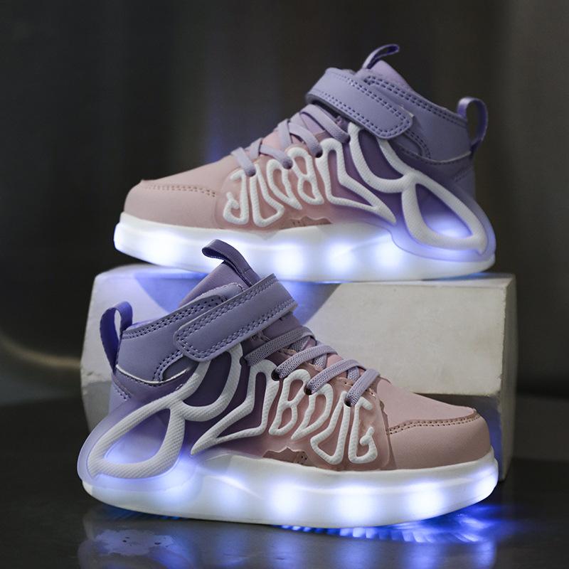 USB Rechargeable, Cool Children's Buckle Board Shoes Boys and Girls Fashion Colorful Flash Shoes Leather Surface Tide Board