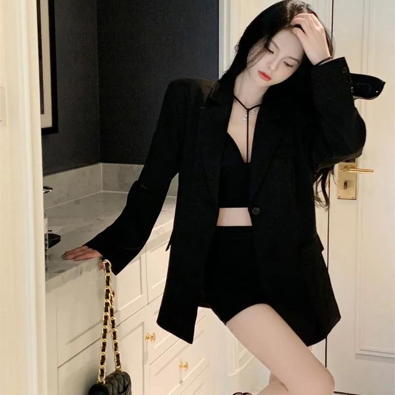 Blazer da Donna Primavera e Autunno Schiena Svuotata Catena Monopetto Manica Lunga Giacche Tailleur Blazer Casual Femminili