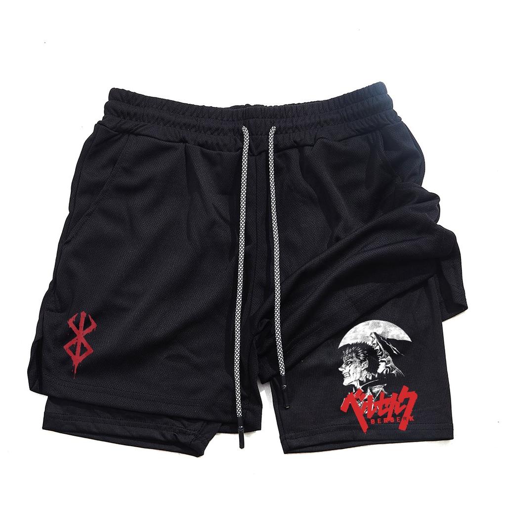 Pantalones cortos de gimnasio para hombre, ropa deportiva 2 en 1 de Anime para correr, trotar, entrenamiento, Yoga, baloncesto