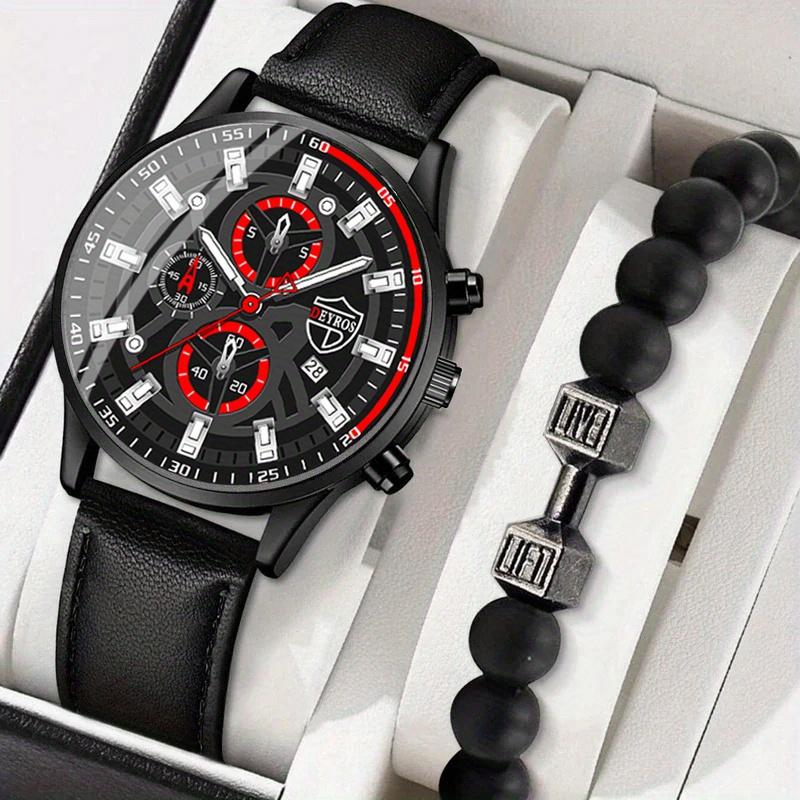 

2 шт./комплект мужские деловые спортивные кварцевые часы аналоговые наручные часы из искусственной кожи и браслет с короной, подарки на День отца и День святого Валентина для него