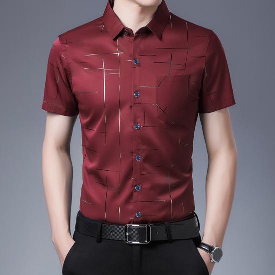 Men Shirt Business Formal Turn-down Collar Silky Summer Top for Work