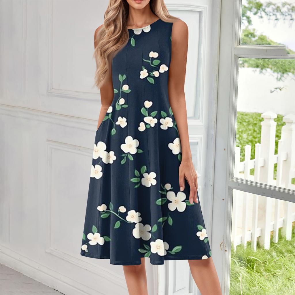 Damska codzienna sukienka midi bez rękawów z okrągłym dekoltem i kwiatowym nadrukiem
