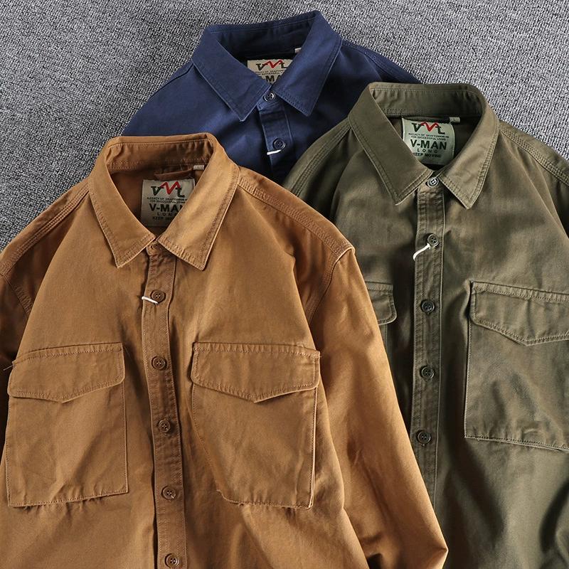 Autumn Vintage Washed Solid Color Workwear Shirt with Men's Three-dimensional Pockets, Trendy Loose Jacket