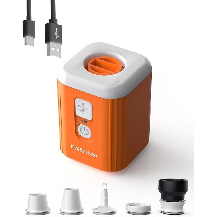 

Портативный воздушный насос для надувных изделий: Мини воздушный насос с аккумулятором 1600 мАч и фонарем для кемпинга - Перезаряжаемый электрический насос для вакуумных пакетов для хранения, Воздух Orange Air Pump