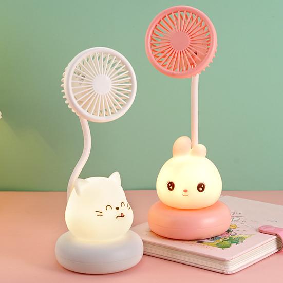 Cartoon Animal Night Light Fan with Flexible Neck USB Rechargeable Bedside Light Desk Fan Low Noise Cooling Fan with Night Lamp